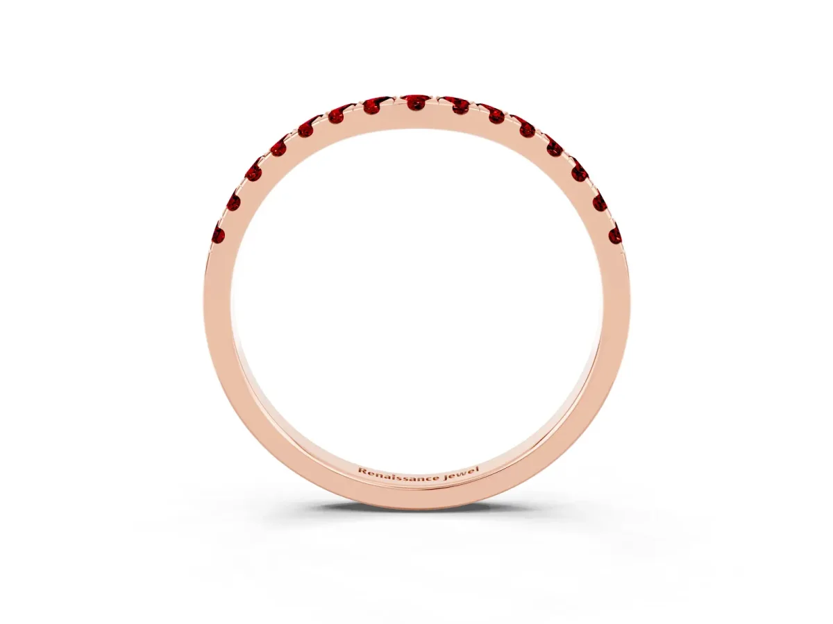Curved Pavé Round Ruby Wedding Band with Shared Prong Setting Rose gold