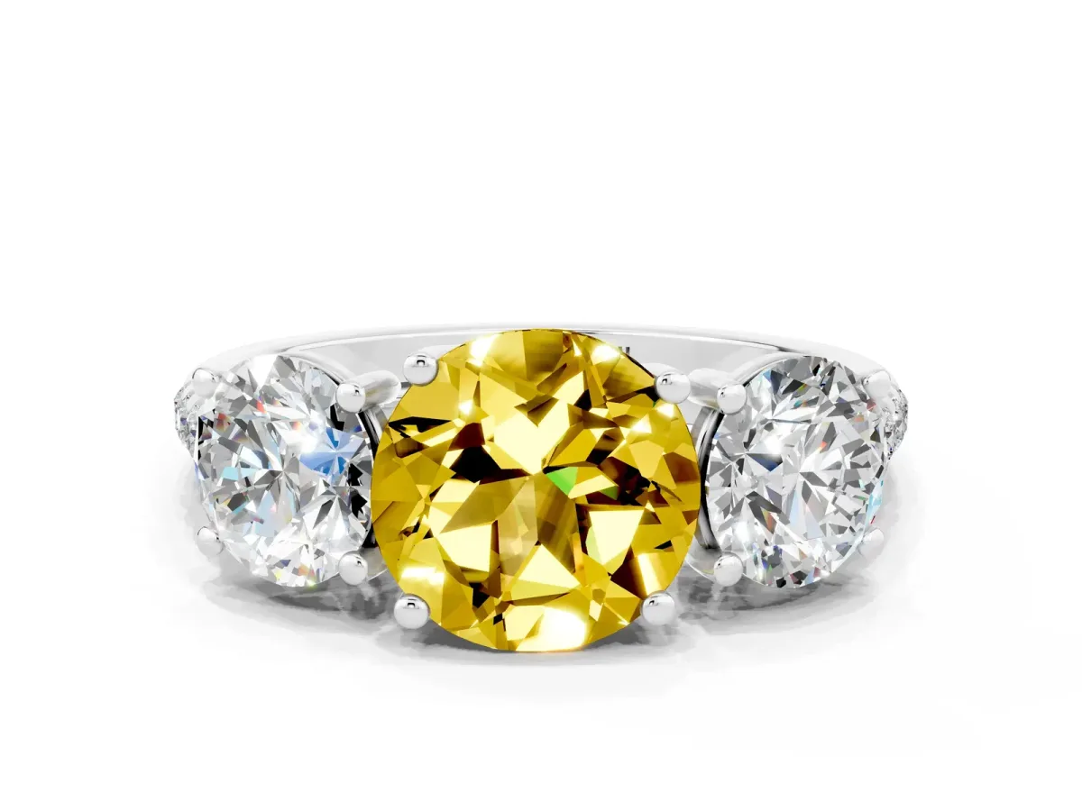 Three-Stone Round Cut Yellow Sapphire Ring with Round Pavé Band and Prong Setting Silver