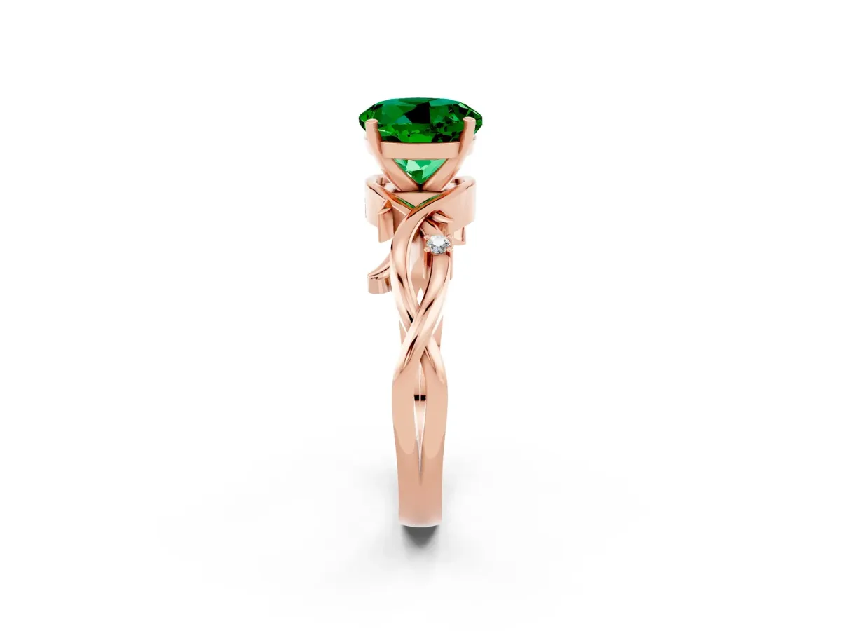 Round Cut Emerald Solitaire Ring with Twisted Band and Prong Setting Rose gold