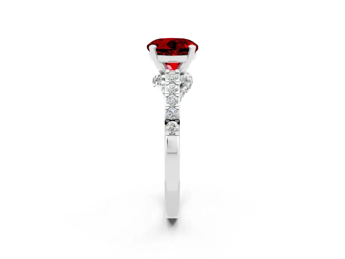 Round Cut Ruby Solitaire Ring with Crossover Gallery and Round Pavé Band Silver