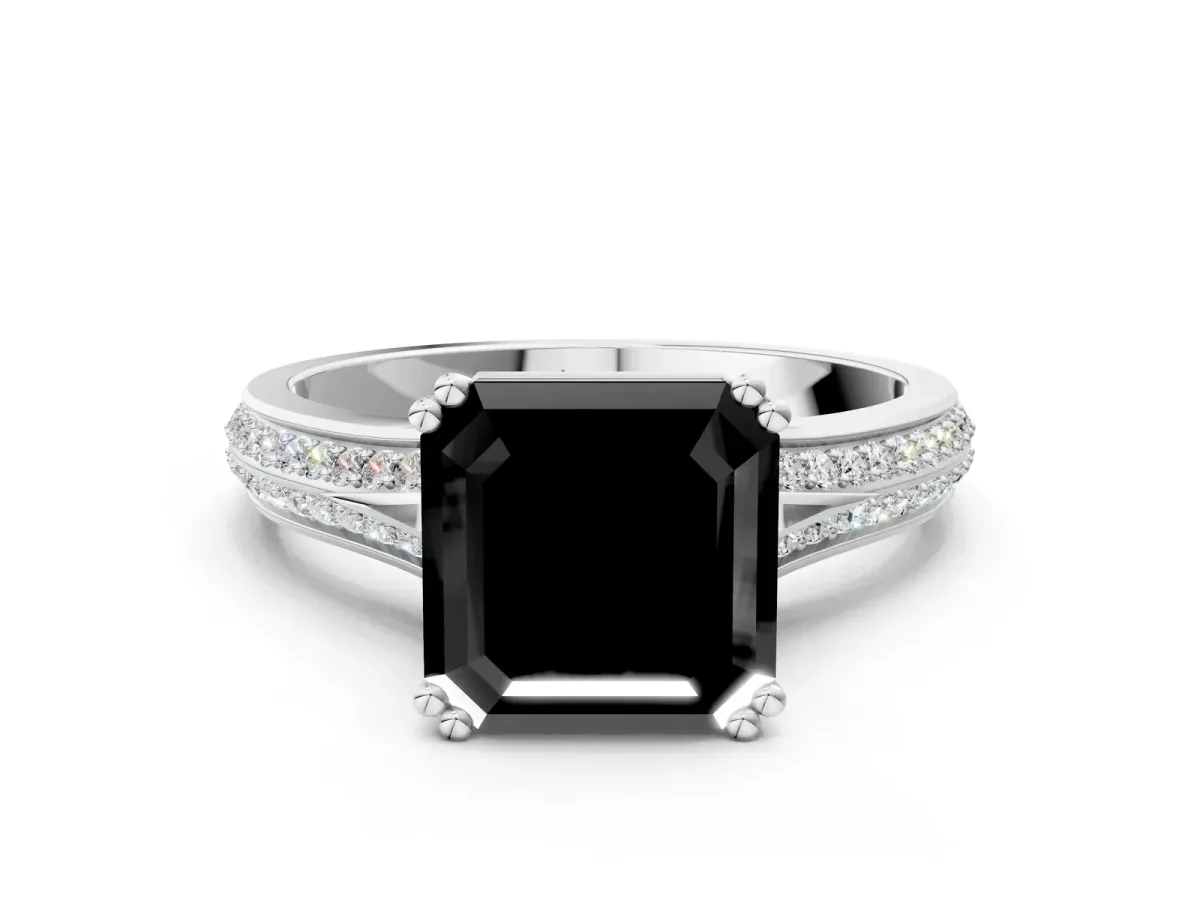 Fancy Black Asscher Cut Diamond Split Shank Engagement Ring with Pavé Band Platinum