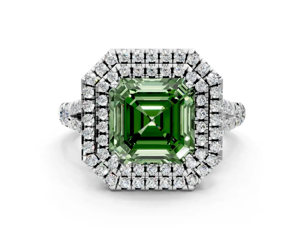 Fancy Green Asscher Cut Diamond Double Halo Ring with Split Shank and Prong Setting Silver