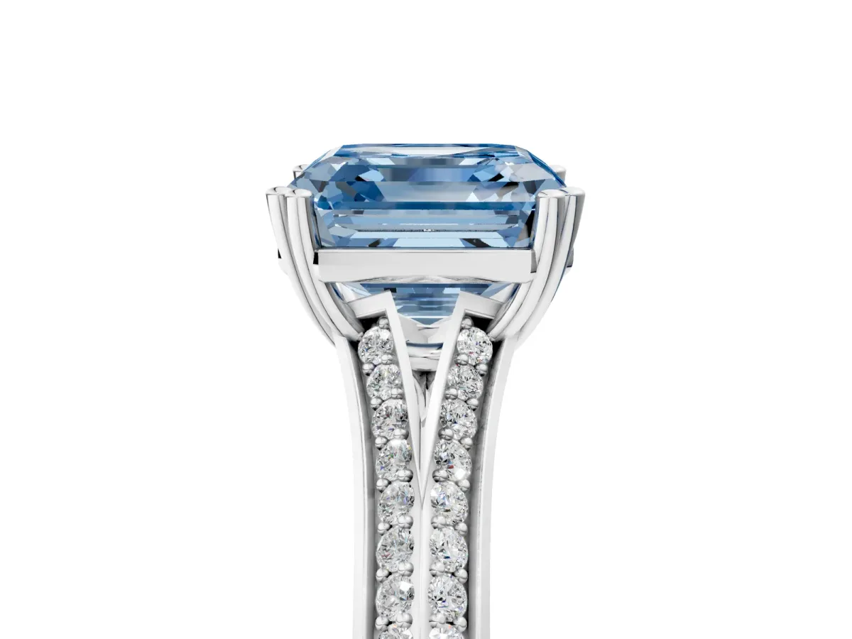 Fancy Blue Asscher Cut Diamond Split Shank Engagement Ring with Pavé Band Platinum