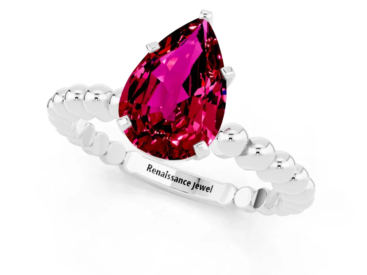 Pear Cut Garnet Solitaire Ring with Beaded Band and Prong Setting Silver