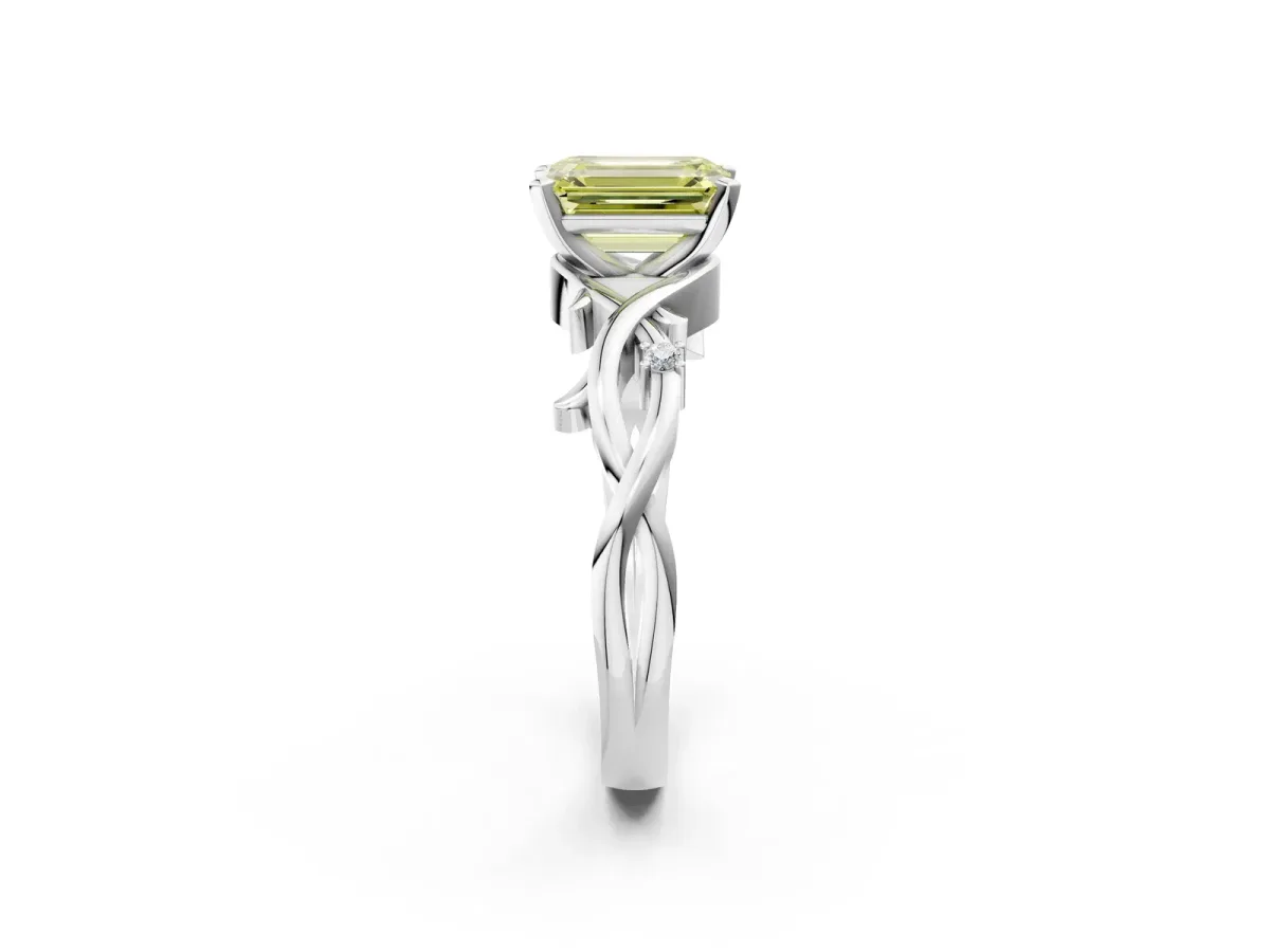 Fancy Yellow Emerald Cut Diamond Solitaire Ring with Twisted Band and Prong Setting White gold