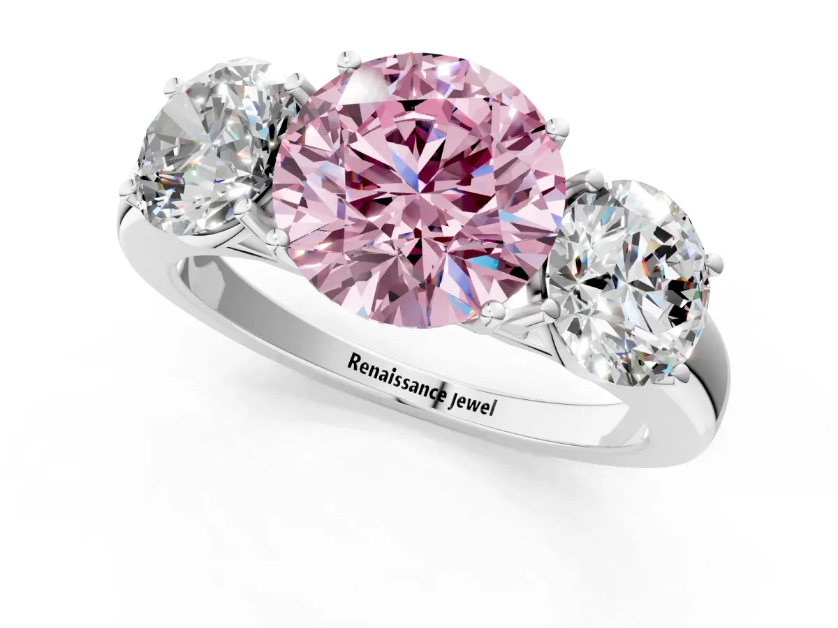 Fancy Pink Round Cut Diamond Three-Stone Ring with Four-Prong Setting and Classic Band Platinum
