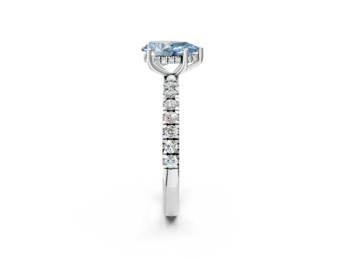 Fancy Blue Pear Cut Diamond Pave Band Solitaire Ring with Round and Prong Setting Platinum