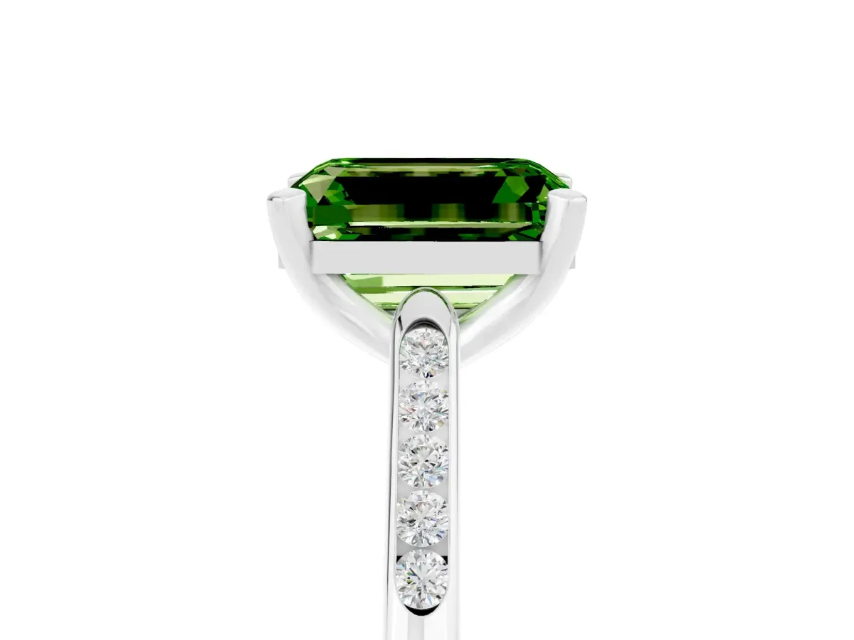 Emerald Cut Peridot Solitaire Ring with Channel Set Round Band and Prong Setting Silver