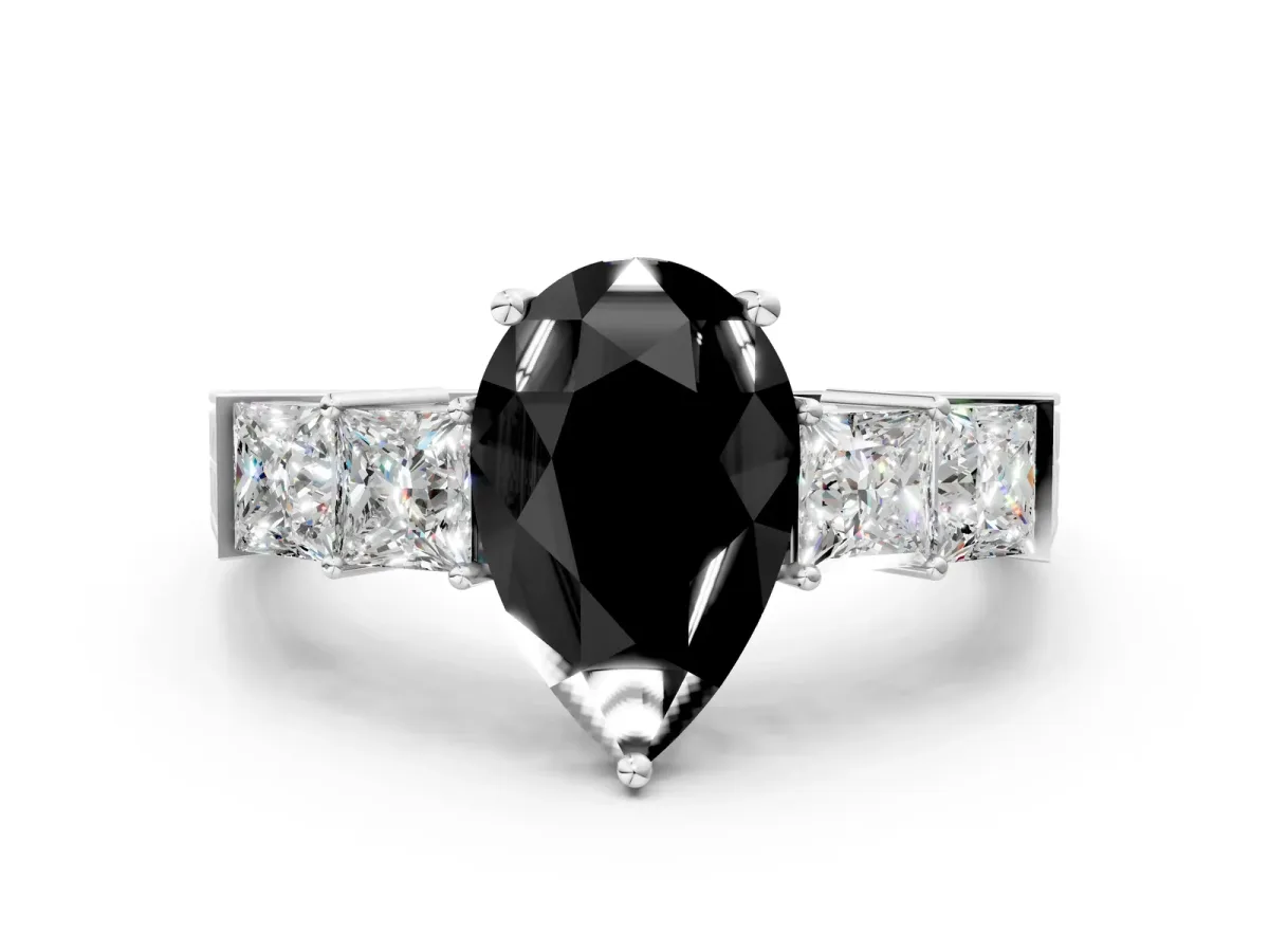 Fancy Black Pear Cut Solitaire Princess Side Stone Engraved Band Prong Setting Ring Platinum