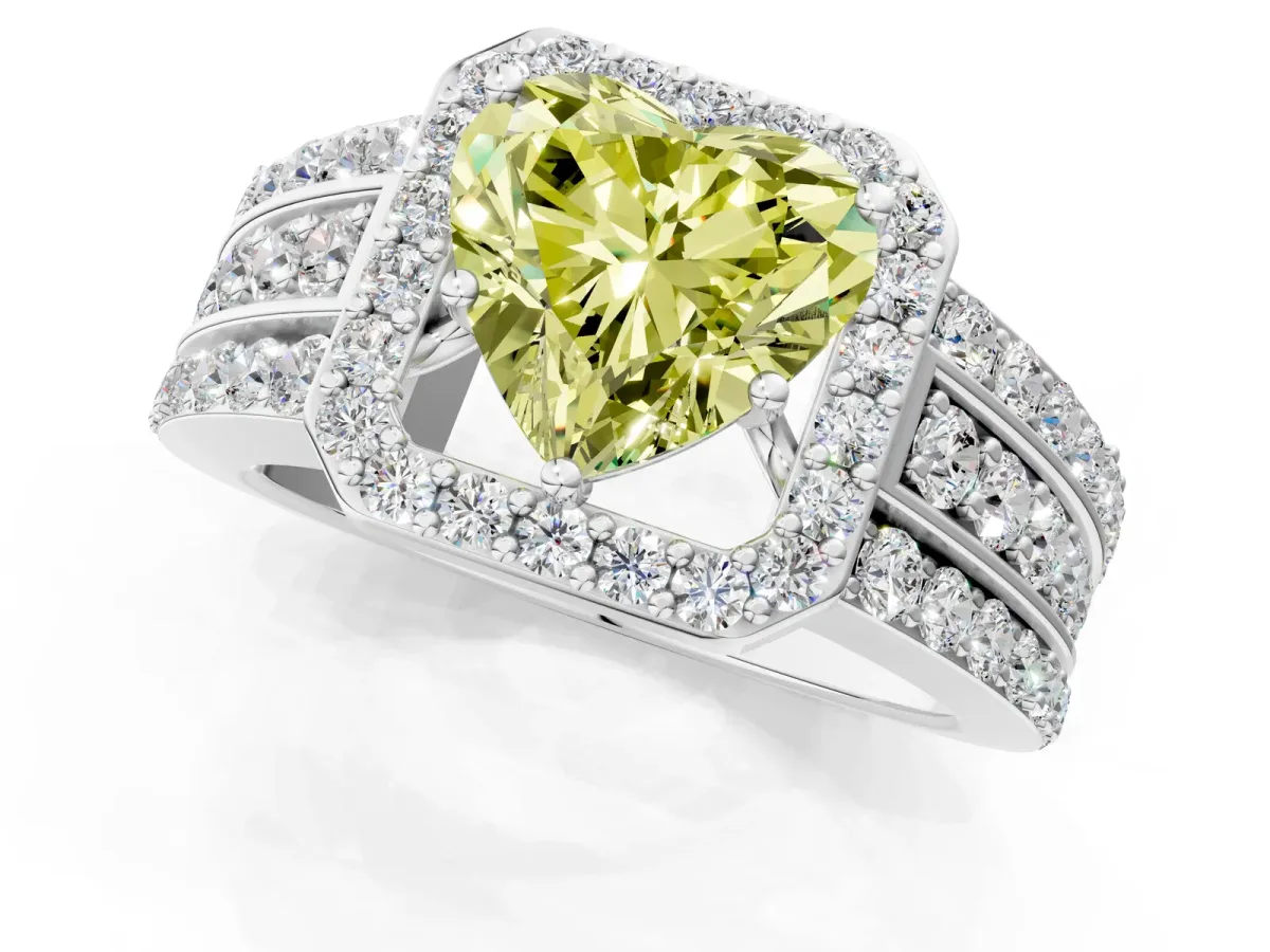 Fancy Yellow Heart Cut Halo Diamond Ring with Round Split Shank and Prong Setting Platinum