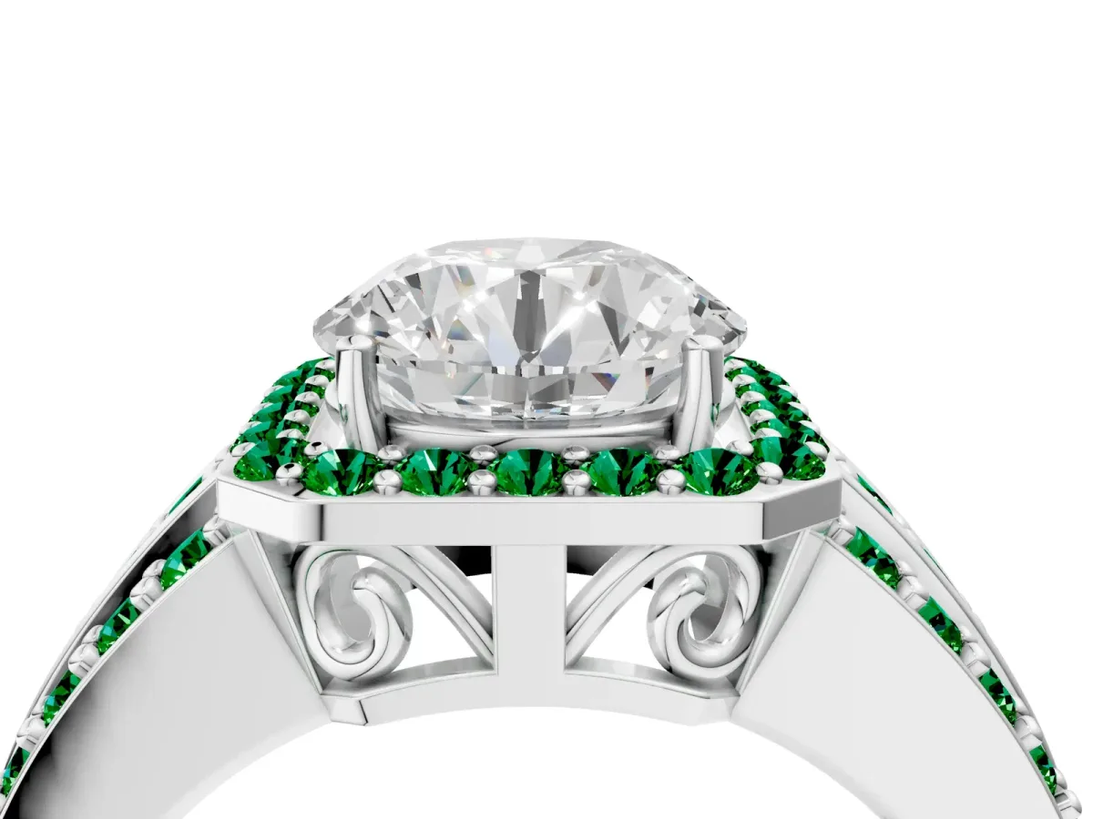 Round Cut Halo Diamond Ring with Round Emerald Split Shank and Prong Setting White gold
