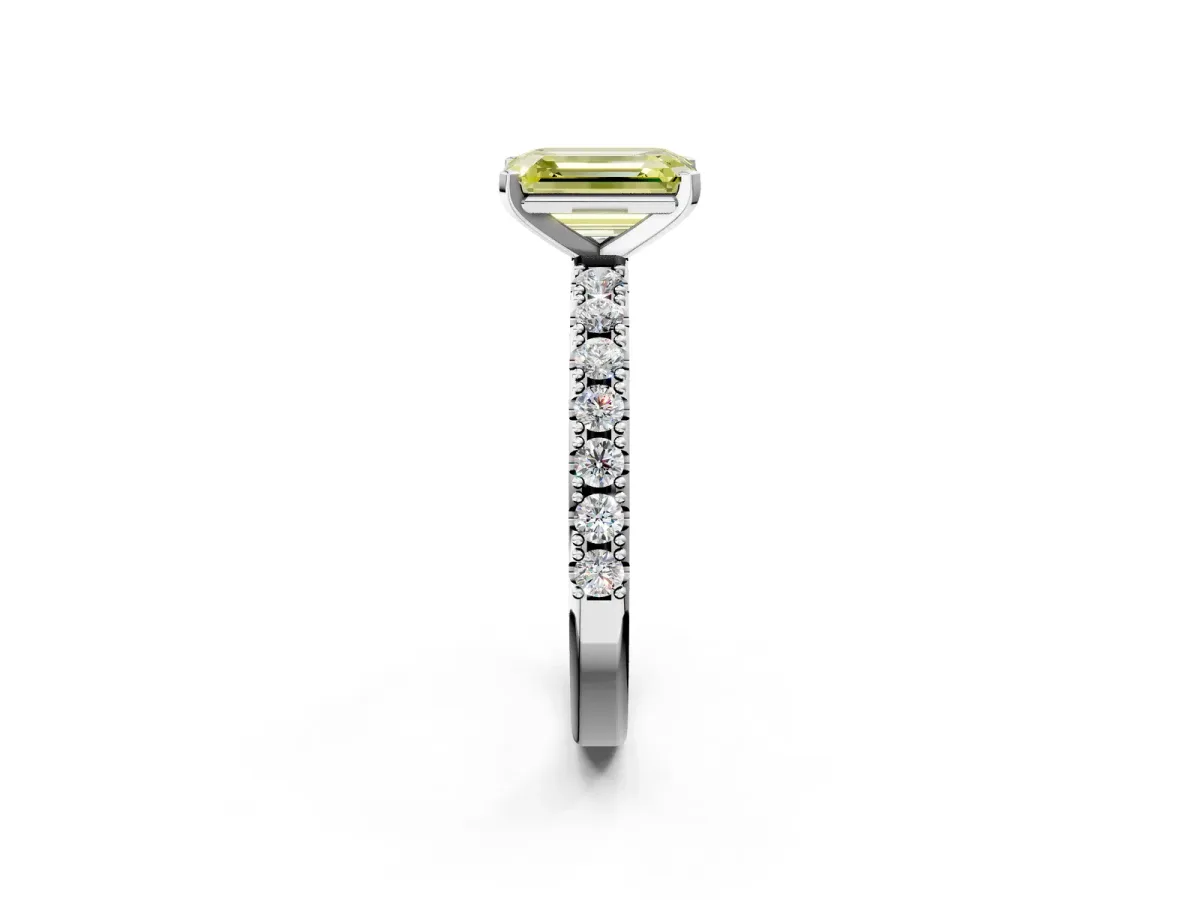 Fancy Yellow Emerald Cut Diamond Solitaire Pavé Band with Four-Prong Setting Silver