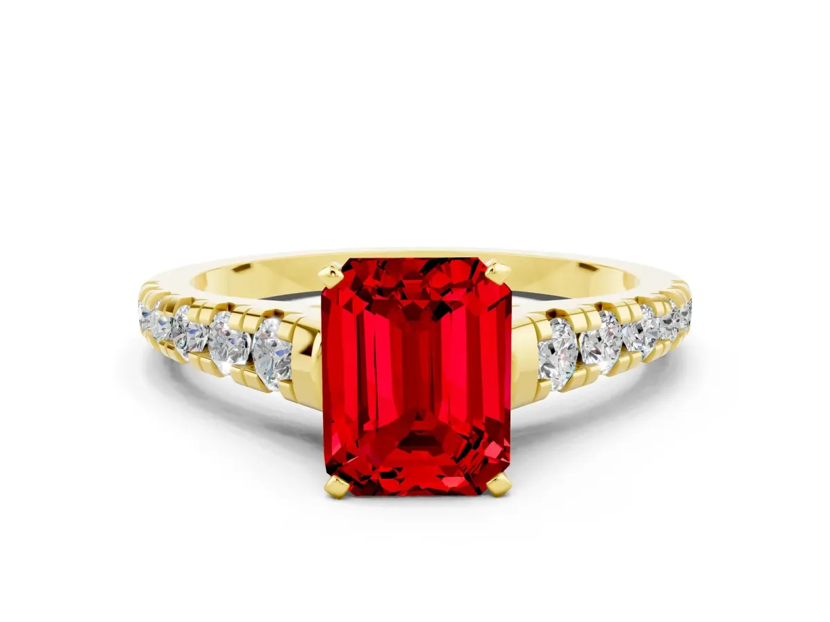 Emerald Cut Ruby Cathedral Solitaire Ring with Round Pavé Band Yellow gold