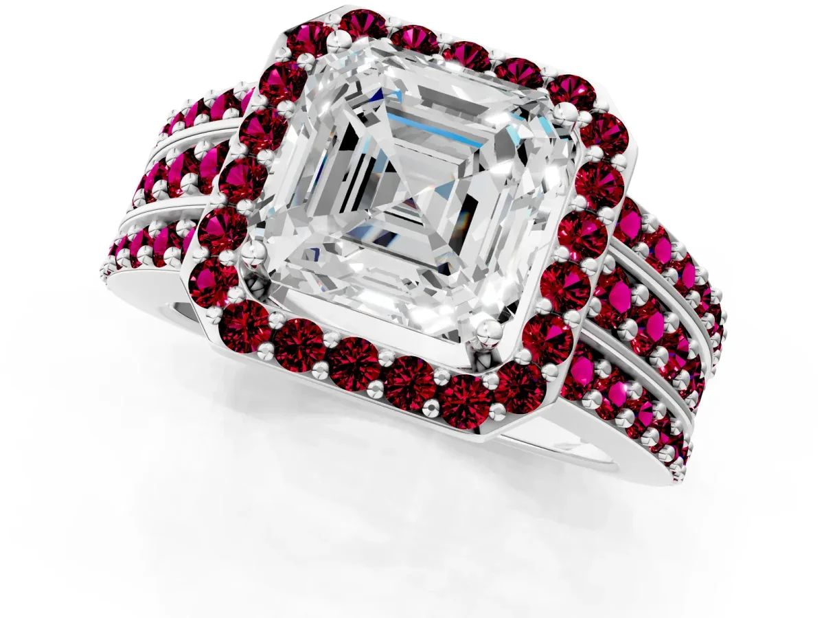 Asscher Cut Halo Diamond Ring with Round Garnet Split Shank and Prong Setting Platinum