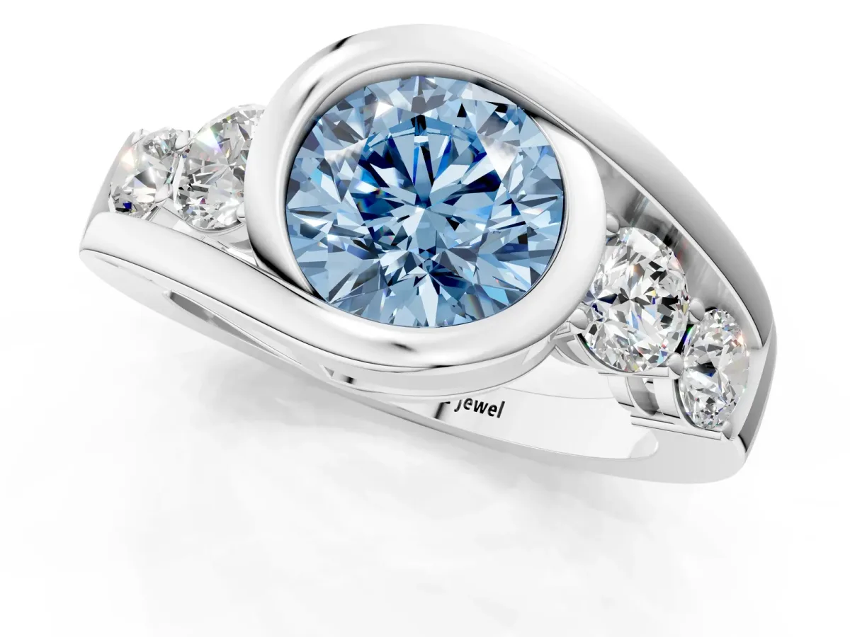 Fancy Blue Bezel Set Round Cut Diamond Bypass Ring with Round Accents Platinum