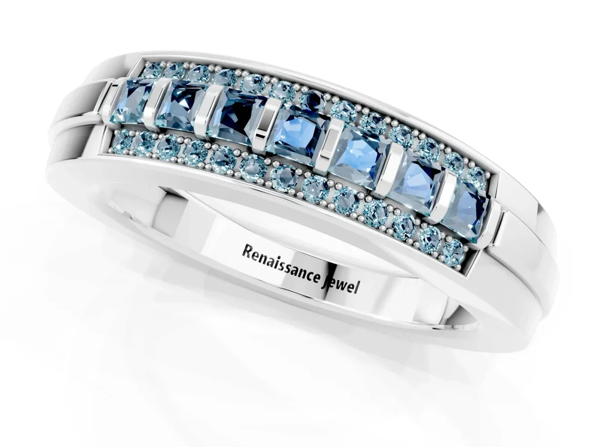 Bar-Set Princess Cut Aquamarine Pavé Band Silver