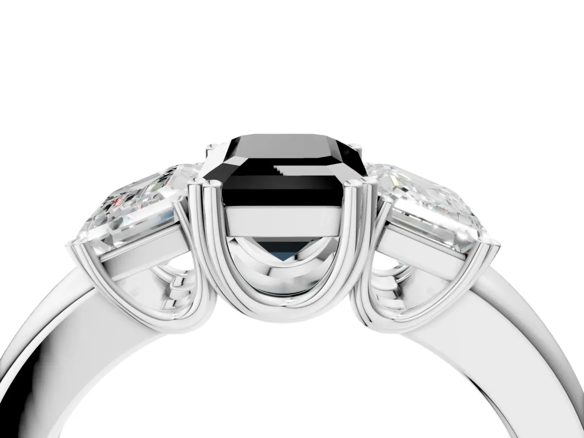 Fancy Black Three-Stone Emerald Cut Cut Diamond Ring with Channel Set Band and Four-Prong Setting Silver