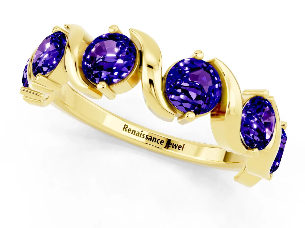 Round Tanzanite Half Eternity Band with Wave Prong Setting Yellow gold