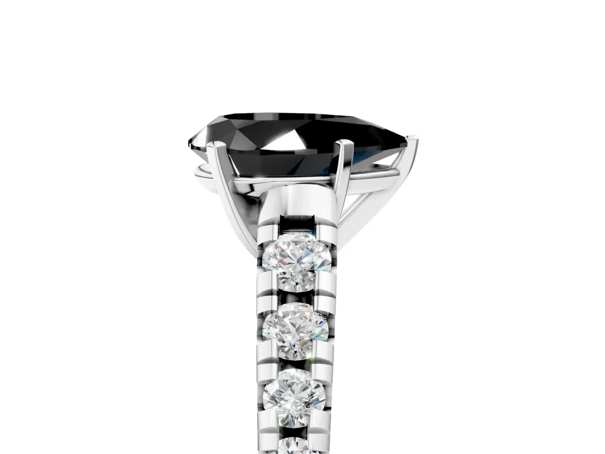 Fancy Black Pear Cut Diamond Cathedral Solitaire Ring with Round Pavé Band Silver