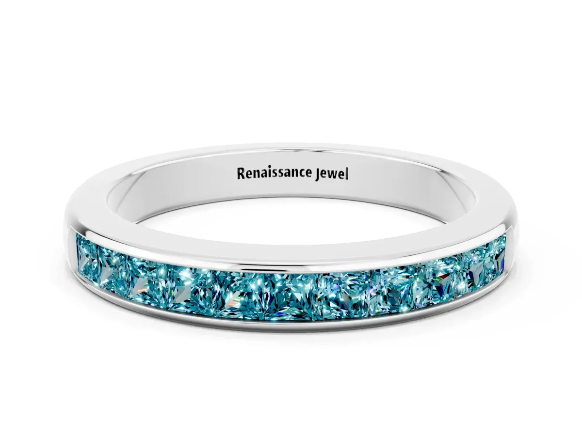 Channel Set Princess Cut Blue Topaz Eternity Band Silver