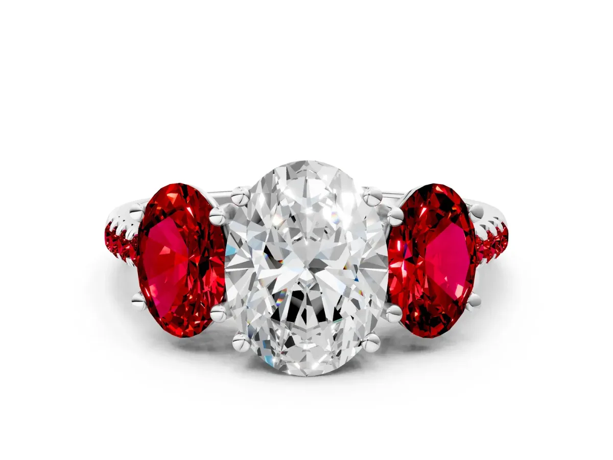 Three-Stone Oval Cut Diamond Ring with Round Ruby Pavé Band and Prong Setting Platinum