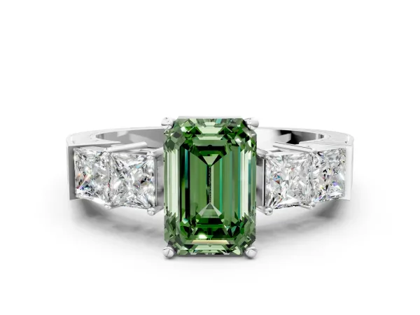 Fancy Green Emerald Cut Solitaire Princess Side Stone Engraved Band Prong Setting Ring Platinum