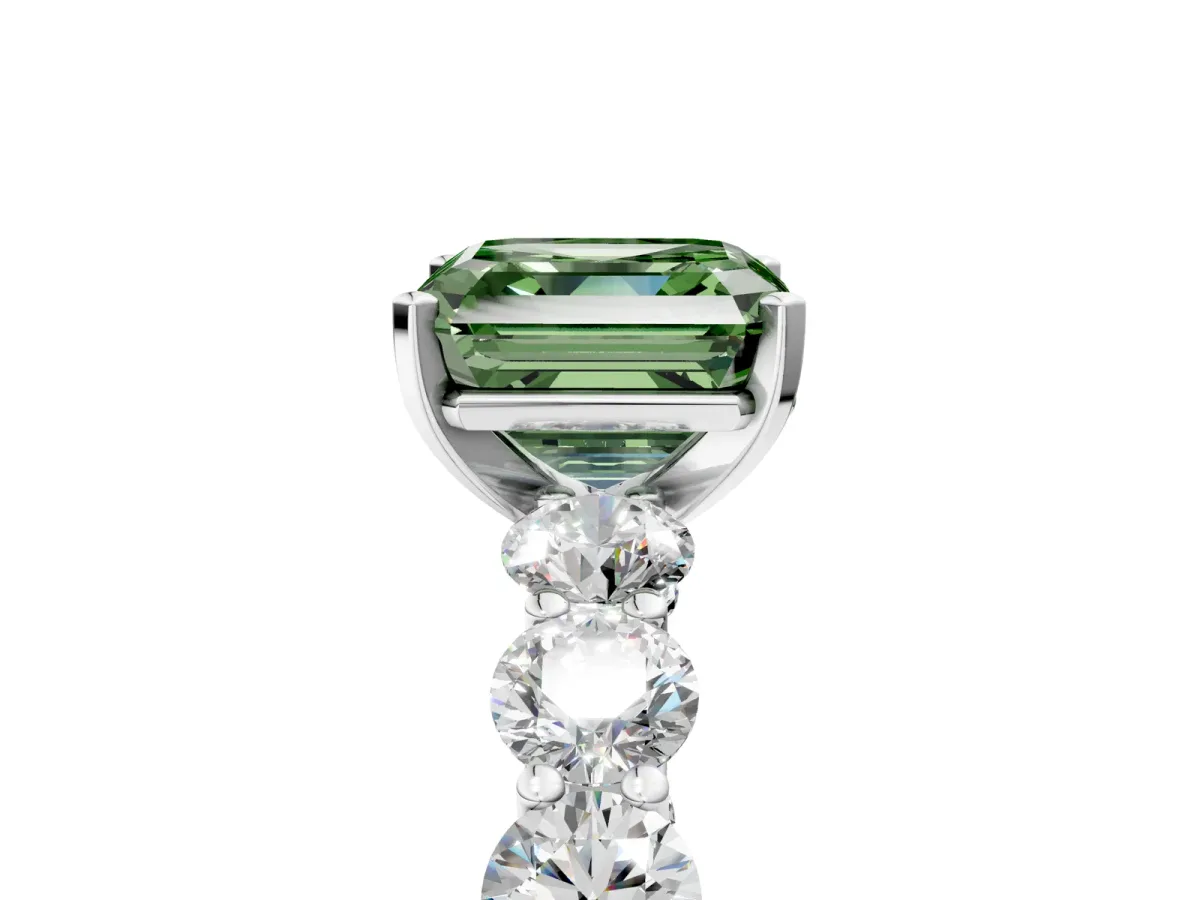 Fancy Green Asscher Cut Diamond Prong Setting with Side Stones on a Pave Band Silver