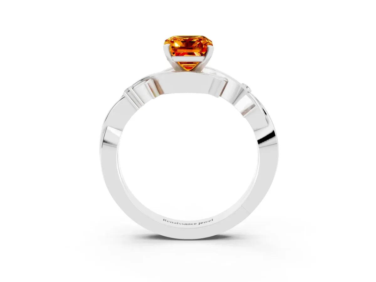 Emerald Cut Citrine Solitaire Ring with Twisted Band and Prong Setting White gold
