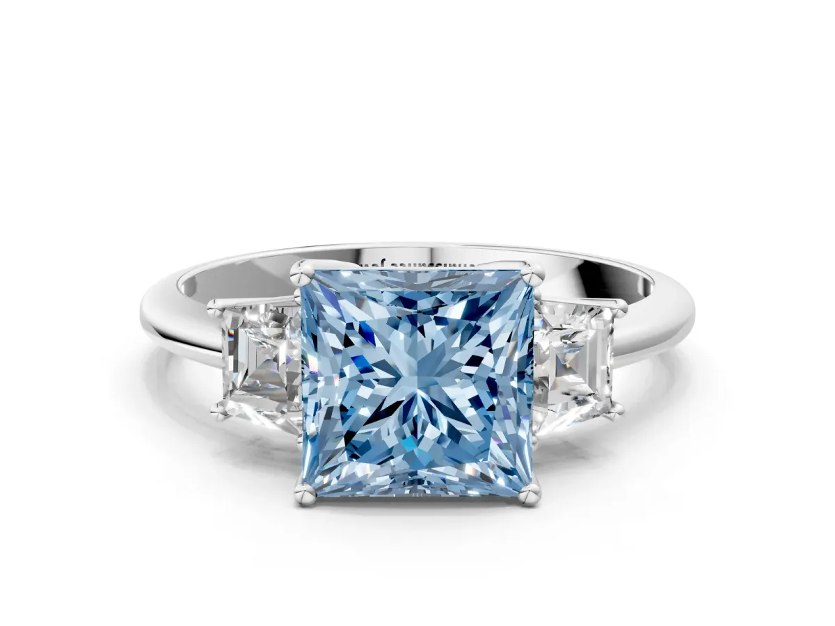 Fancy Blue Princess Cut Diamond Three-Stone Ring with Trapezoid Side Stones and Prong Setting Platinum