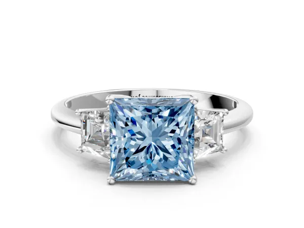Fancy Blue Princess Cut Diamond Three-Stone Ring with Trapezoid Side Stones and Prong Setting Platinum