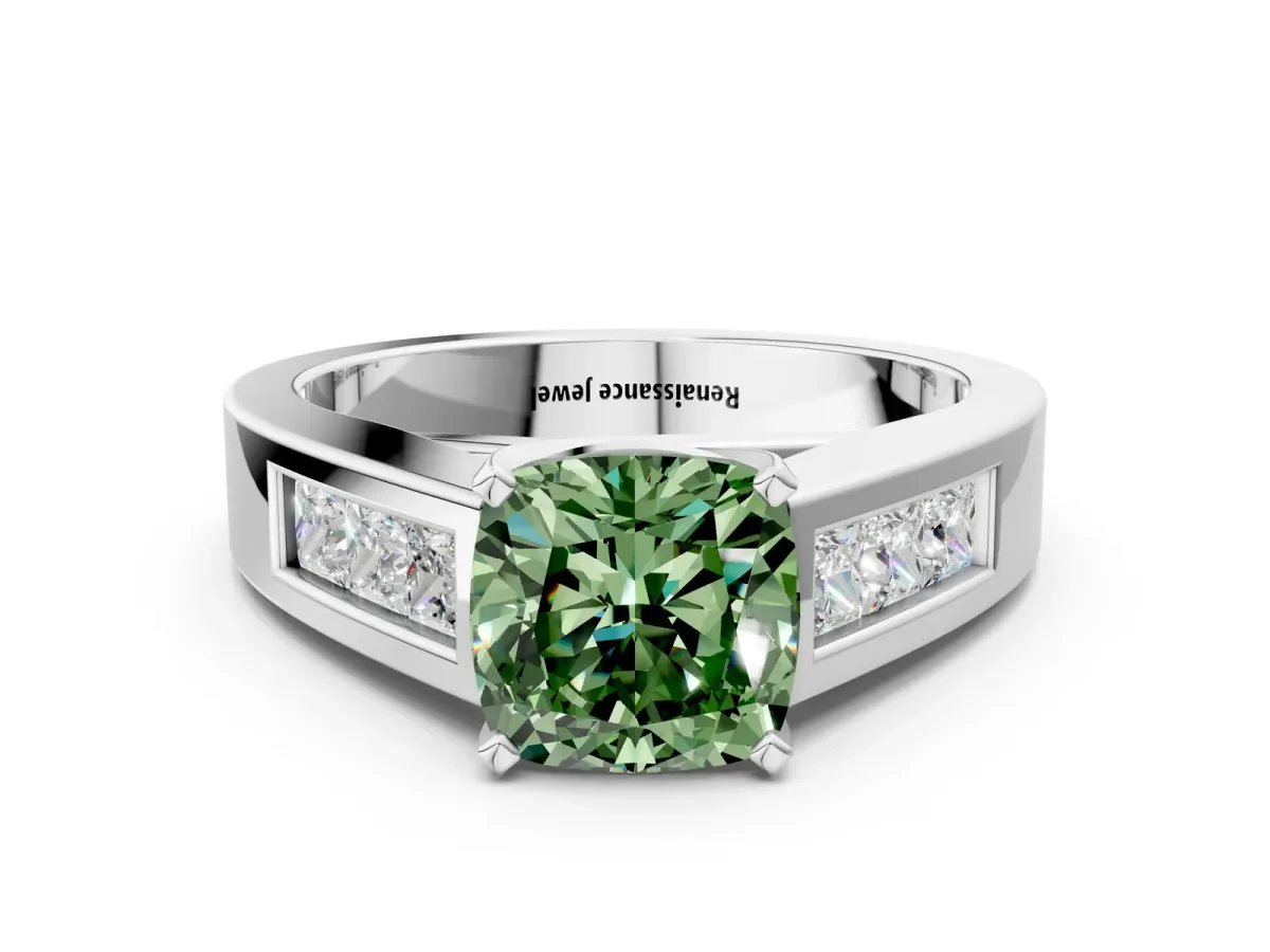 Fancy Green Cushion Cut Cut Channel Set Solitaire Ring with Four-Prong Setting Silver