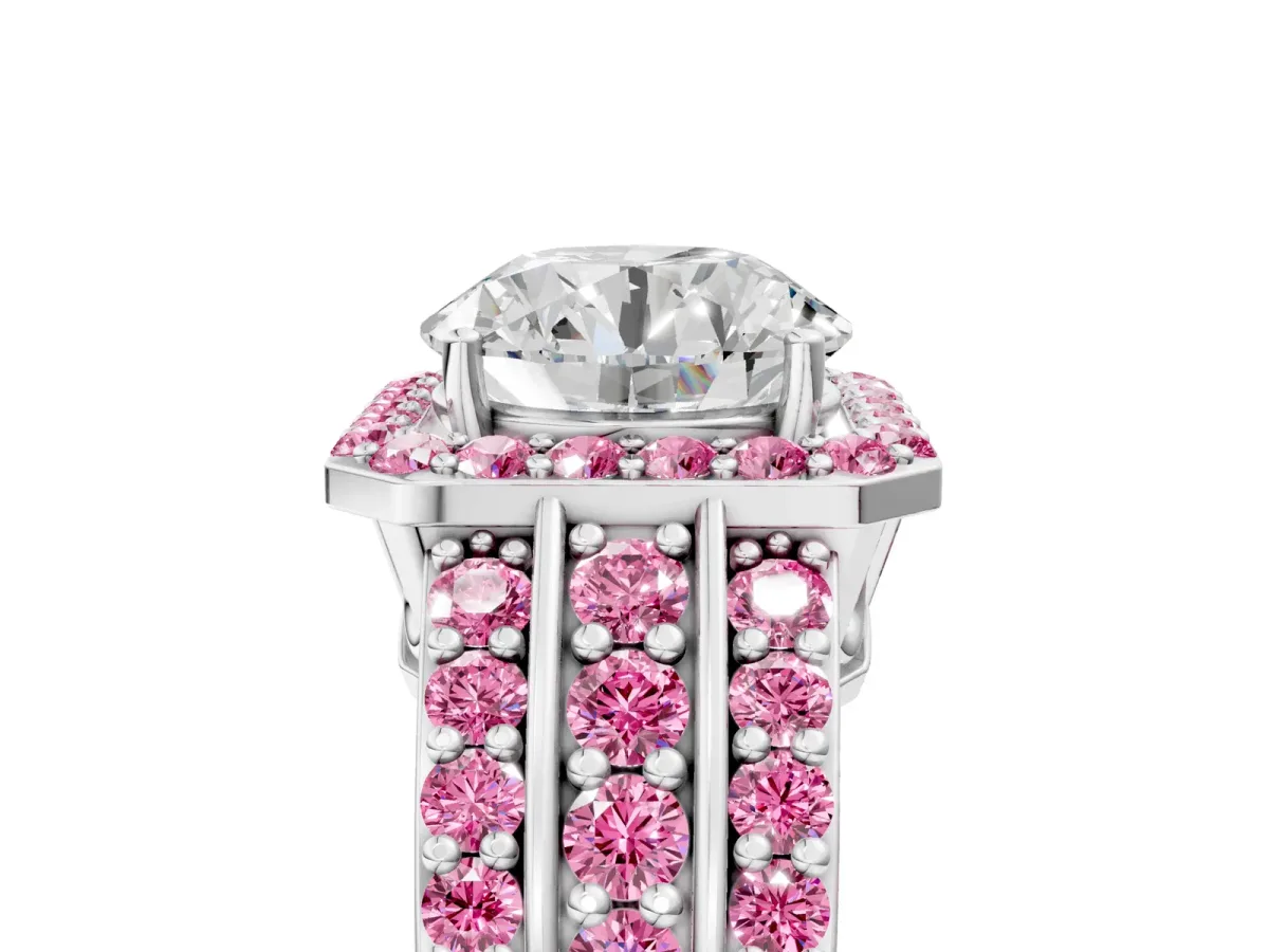 Round Cut Halo Diamond Ring with Round Pink Sapphire Split Shank and Prong Setting Silver