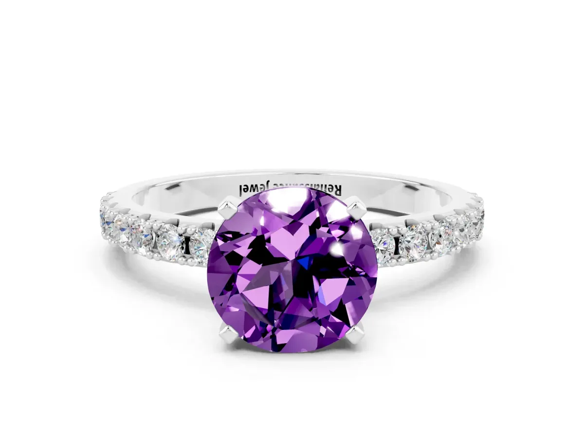 Round Cut Amethyst Solitaire Pavé Band with Four-Prong Setting Platinum