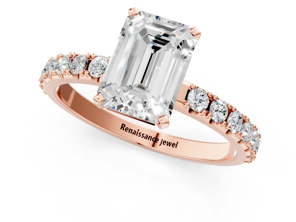 Emerald Cut Diamond Solitaire Pavé Band with Four-Prong Setting Rose gold