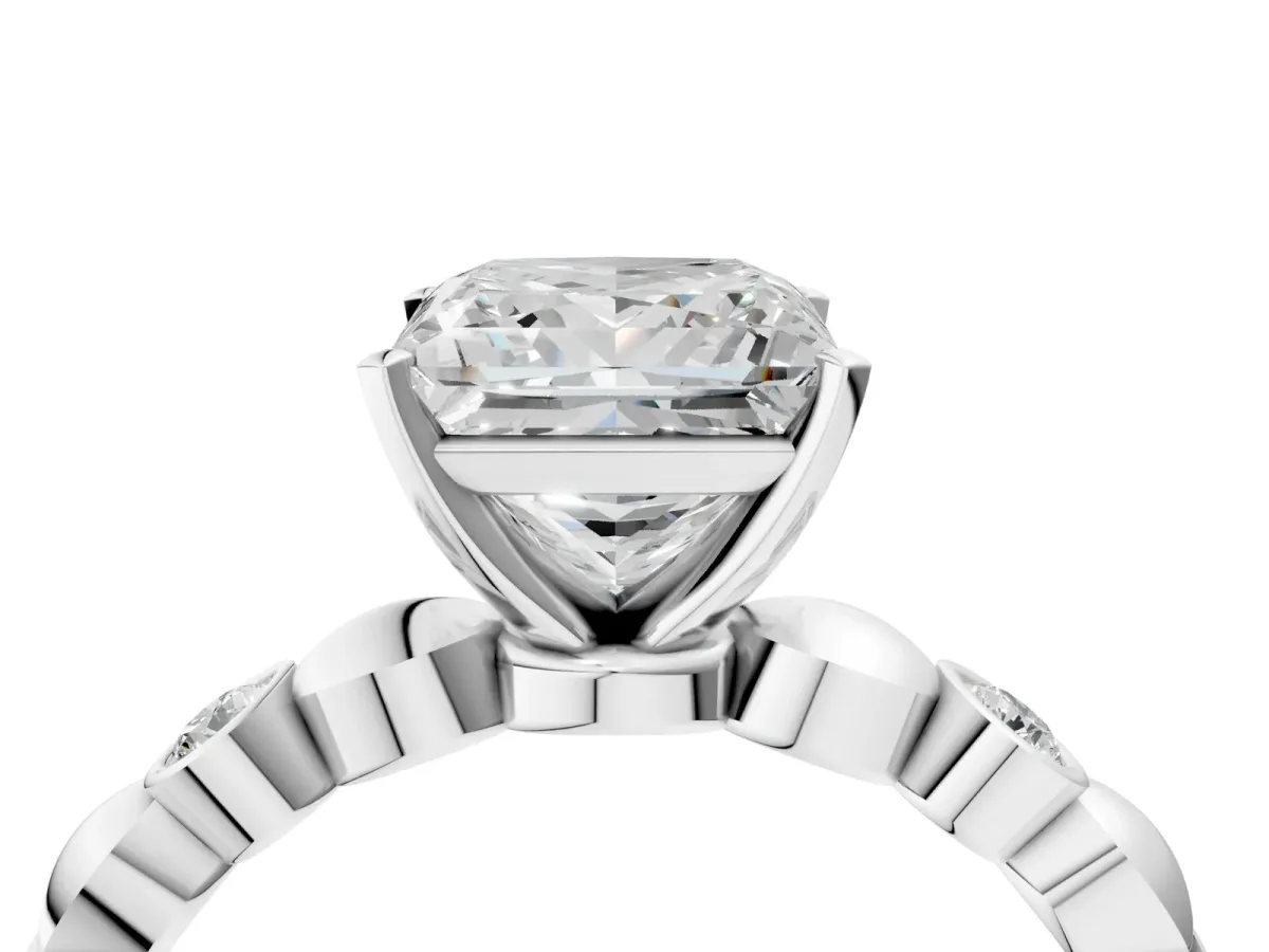 Princess Cut Solitaire Bezel-Set Diamond Ring with Beaded Band and Four-Prong Setting Silver