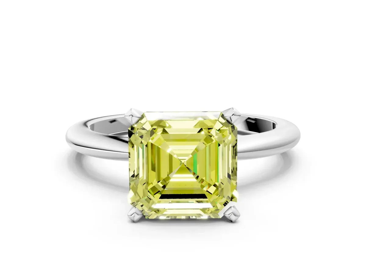 Fancy Yellow Asscher Cut Diamond Solitaire Ring with Six-Prong Setting and Classic Band Silver
