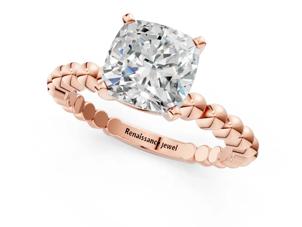 Cushion Cut Diamond Solitaire Ring with Beaded Band and Prong Setting Rose gold