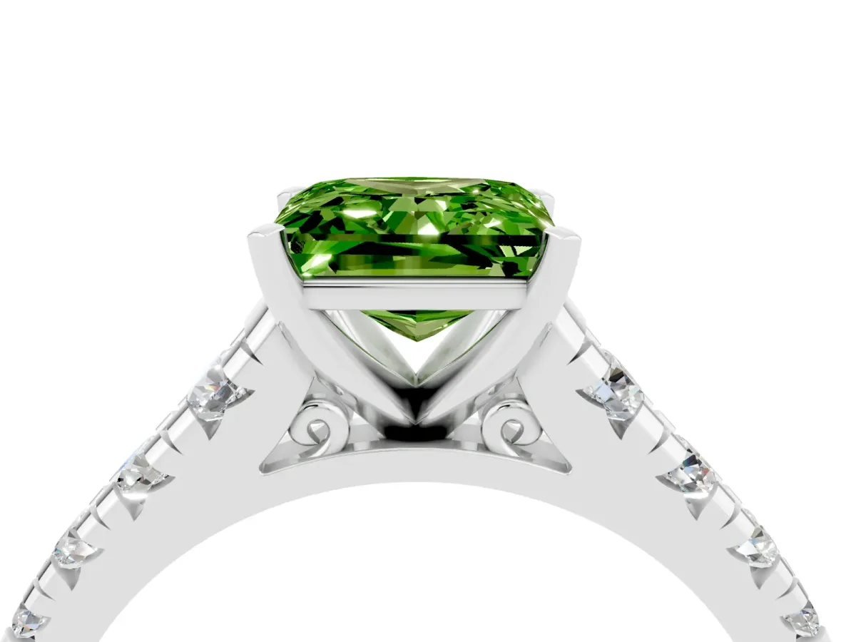 Princess Cut Peridot Cathedral Solitaire Ring with Round Pavé Band Platinum