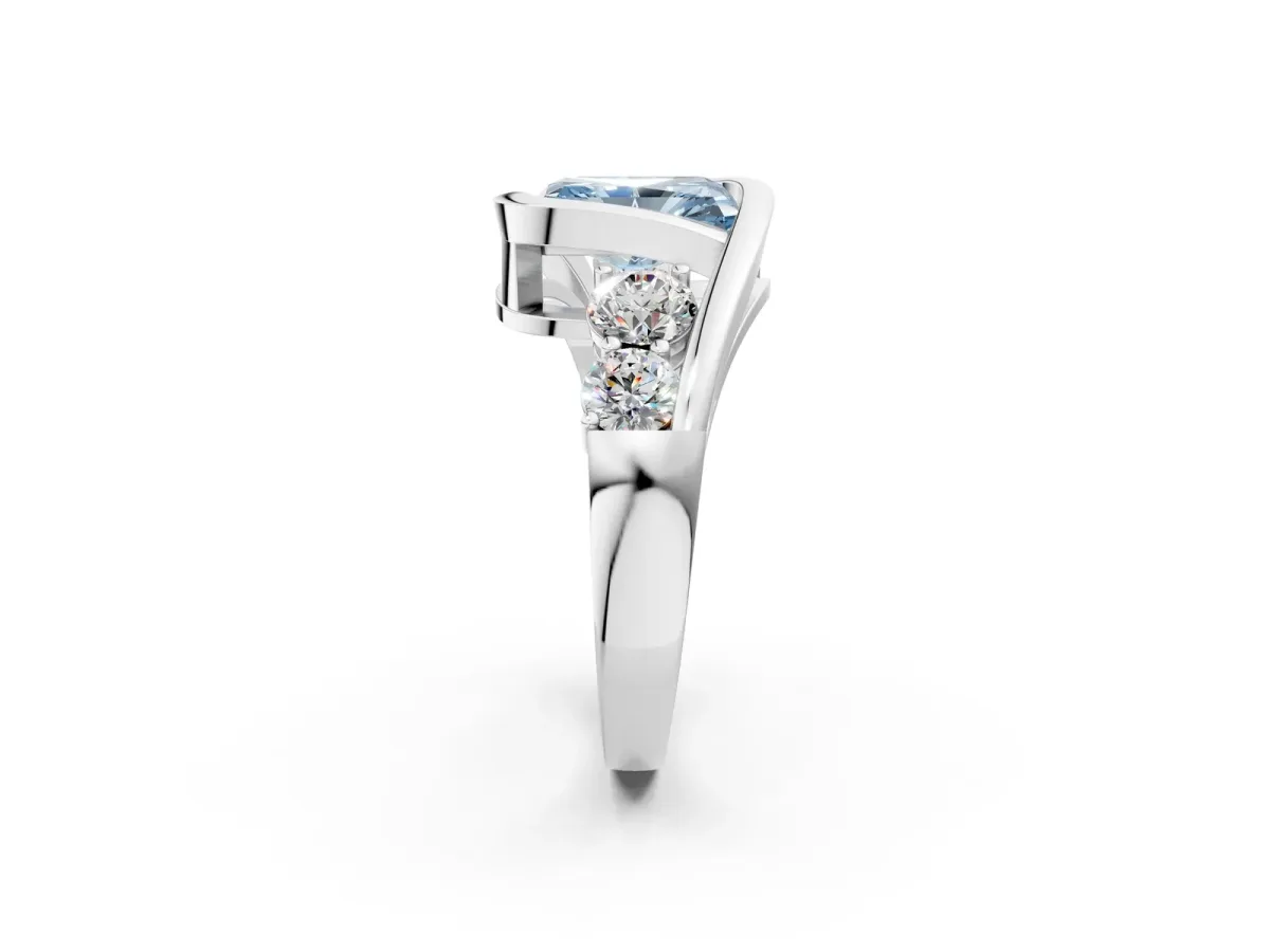 Fancy Blue Bezel Set Radiant Cut Diamond Bypass Ring with Round Accents Silver