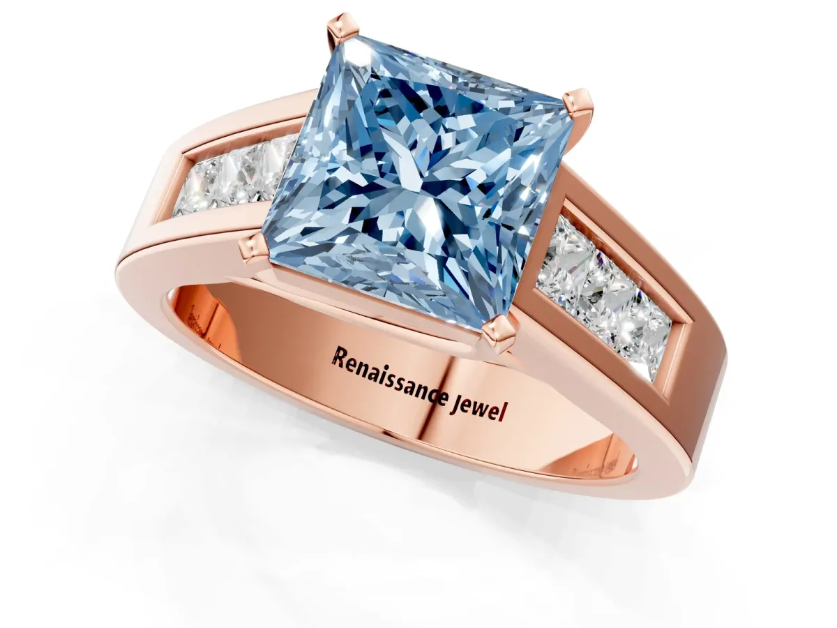 Fancy Blue Princess Cut Cut Channel Set Solitaire Ring with Four-Prong Setting Rose gold
