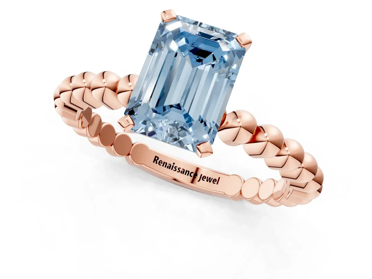 Fancy Blue Emerald Cut Diamond Solitaire Ring with Beaded Band and Prong Setting Rose gold