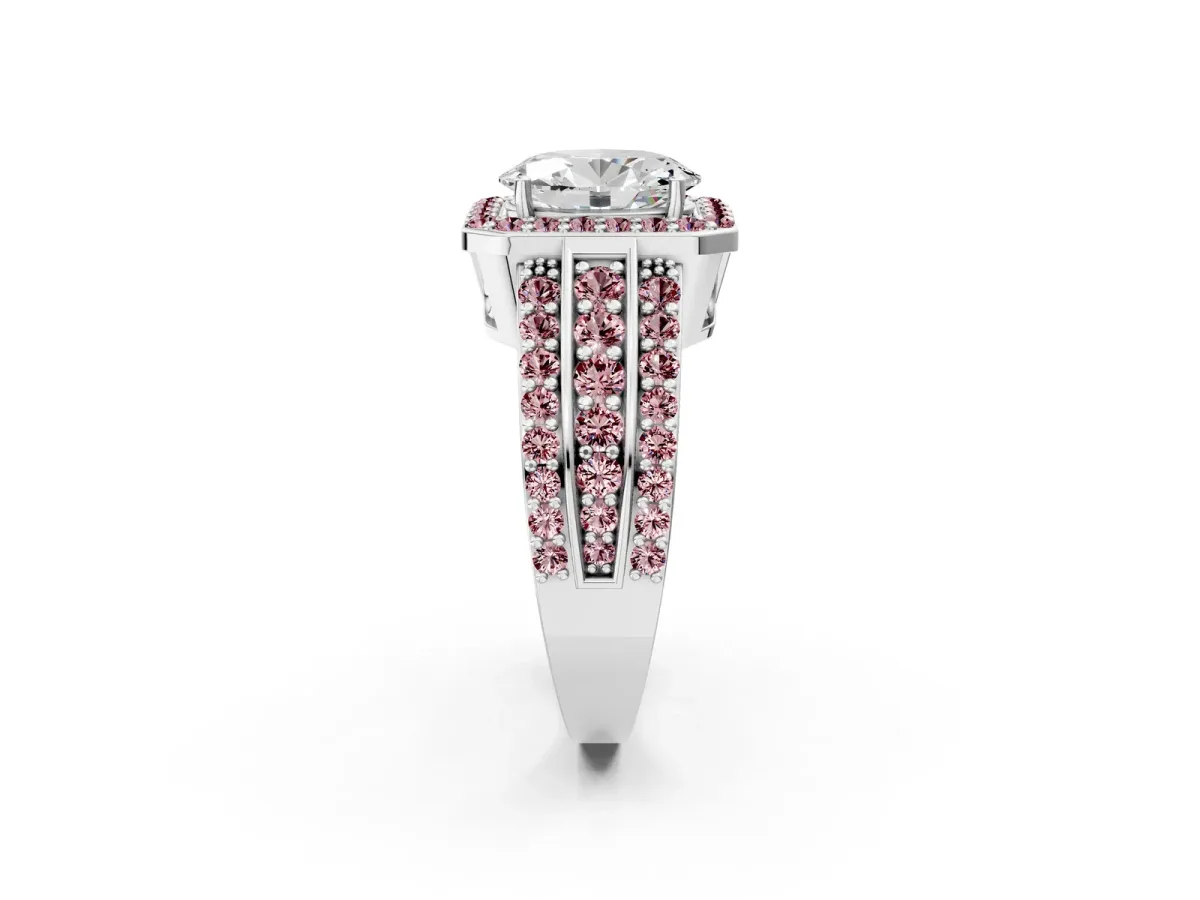 Oval Cut Halo Diamond Ring with Round Morganite Split Shank and Prong Setting Platinum