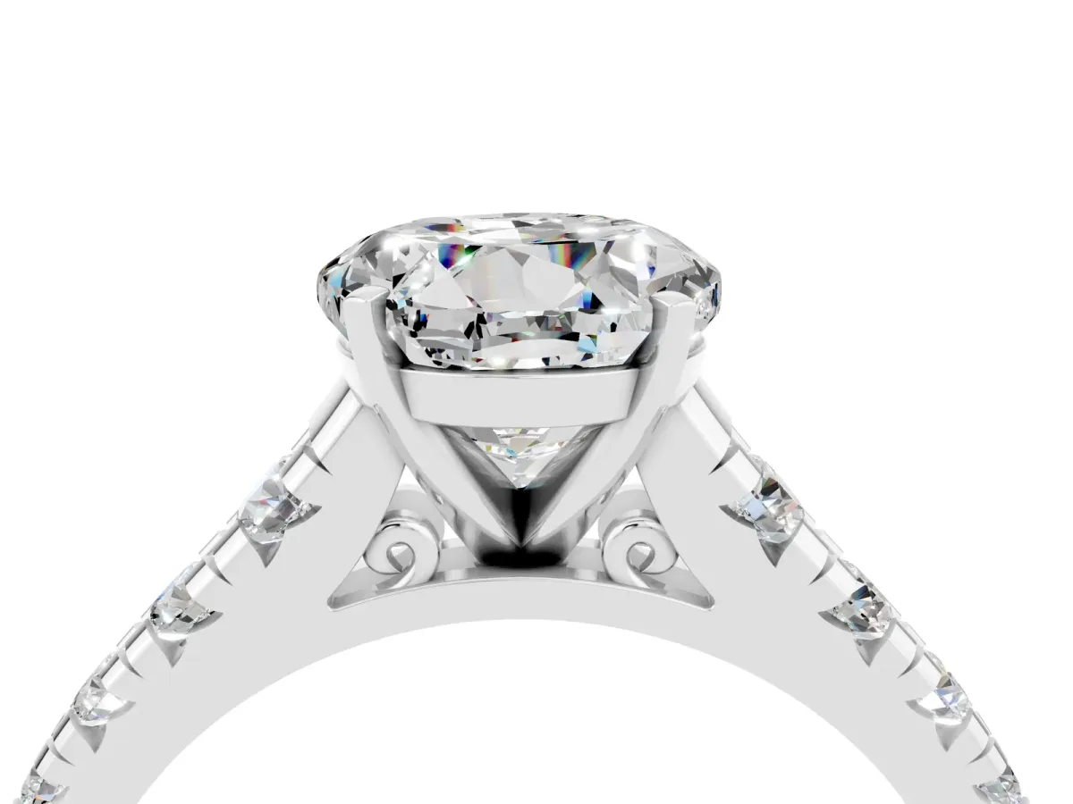 Round Cut Moissanite Cathedral Solitaire Ring with Round Pavé Band Silver