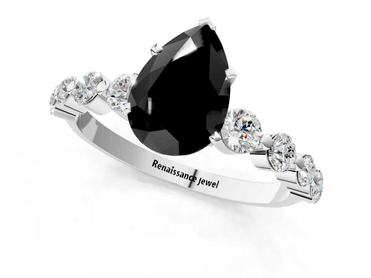 Fancy Black Pear Cut Solitaire Diamond Ring with Pave Band and Four-Prong Setting Silver