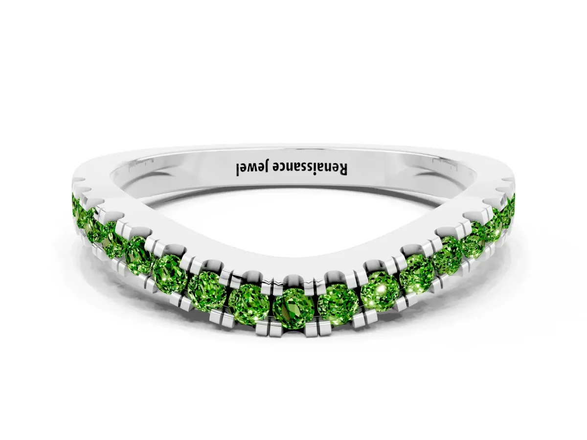 Round Peridot Pavé Curved Band with Shared Prong Setting Platinum