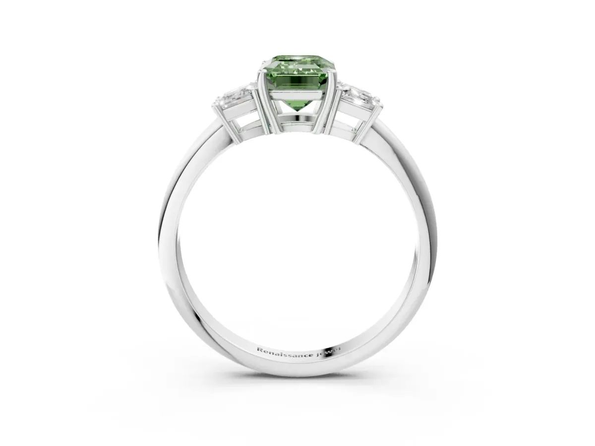 Fancy Green Emerald Cut Diamond Three-Stone Ring with Trapezoid Side Stones and Prong Setting Silver