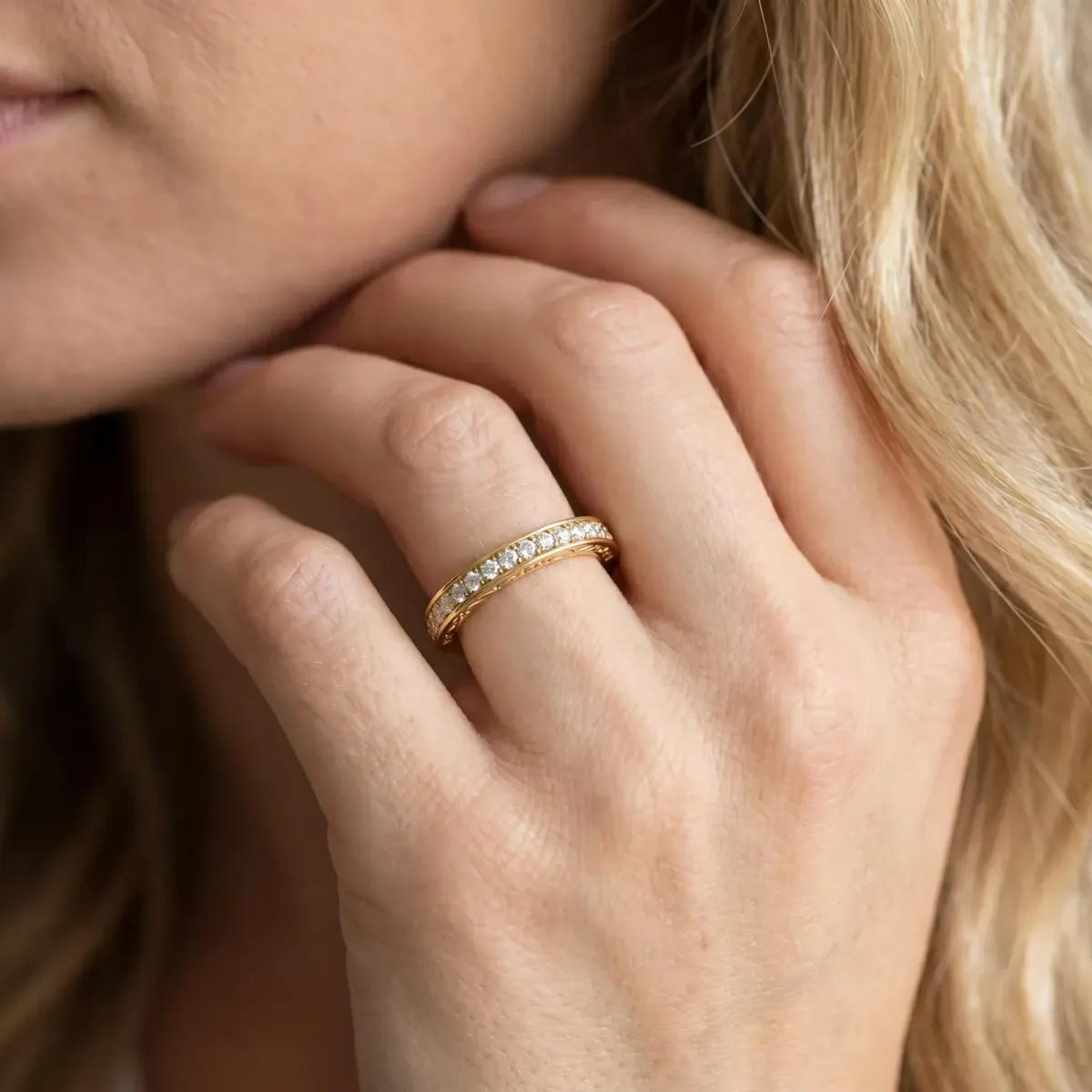 Channel Set Round Diamond Milgrain Engraved Band Yellow gold