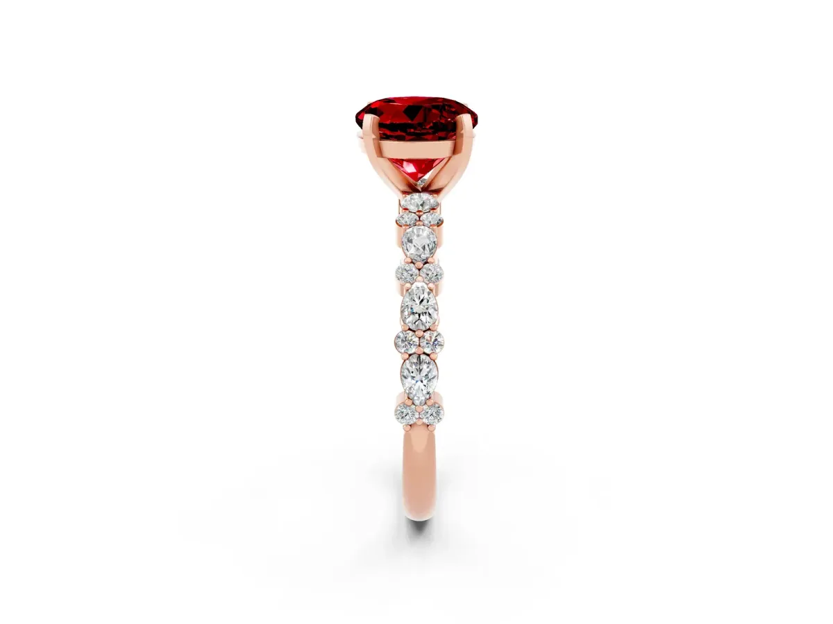 Round Cut Ruby Side Stone Solitaire Ring with Round and Four-Prong Setting Rose gold