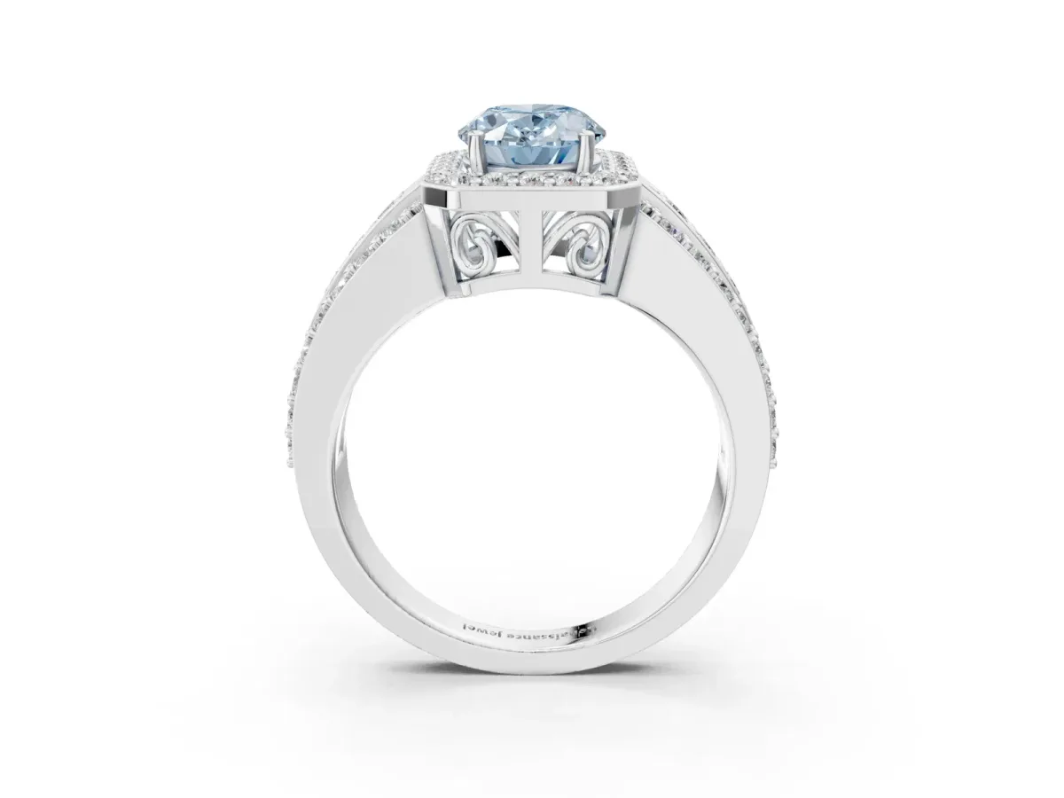Fancy Blue Oval Cut Halo Diamond Ring with Round Split Shank and Prong Setting Silver