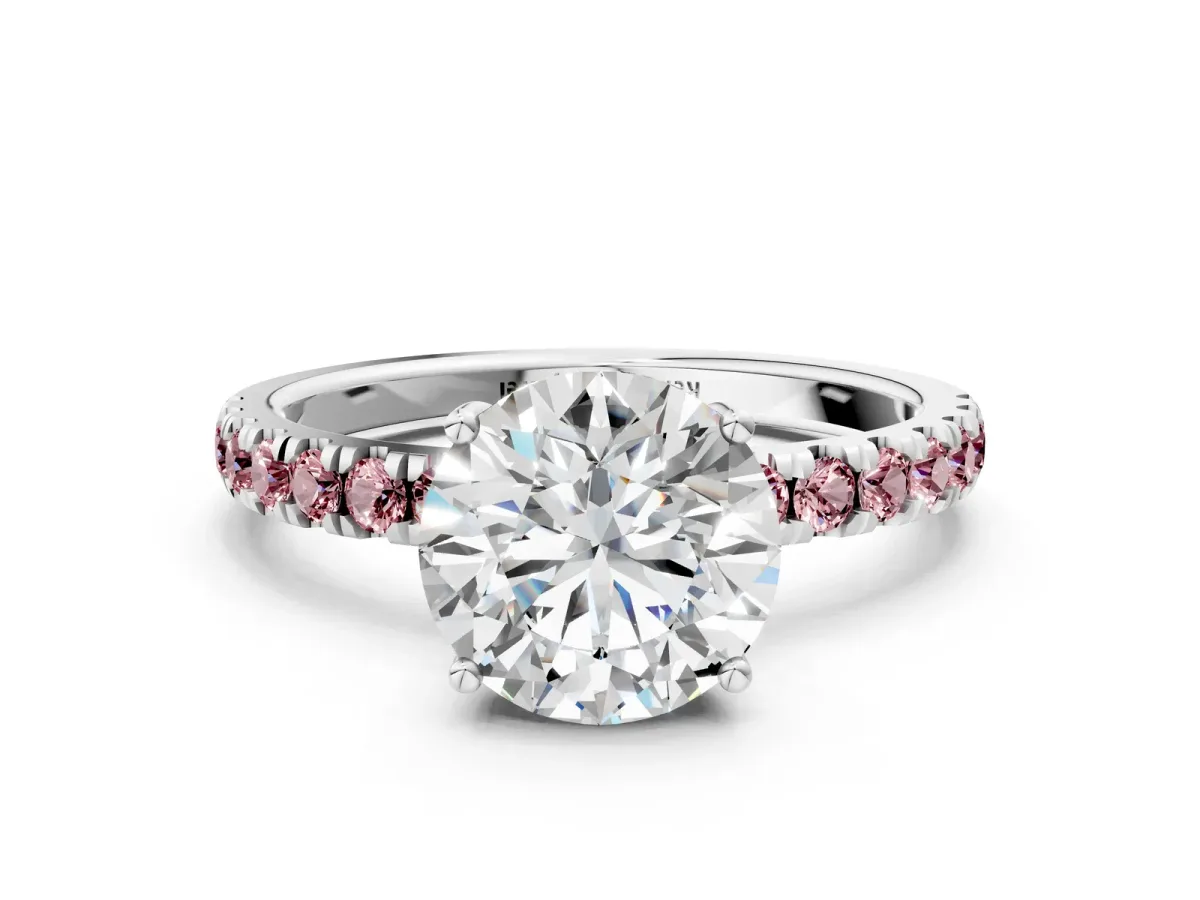 Round Cut Diamond Pave Band Solitaire Ring with Round Morganite and Prong Setting Silver